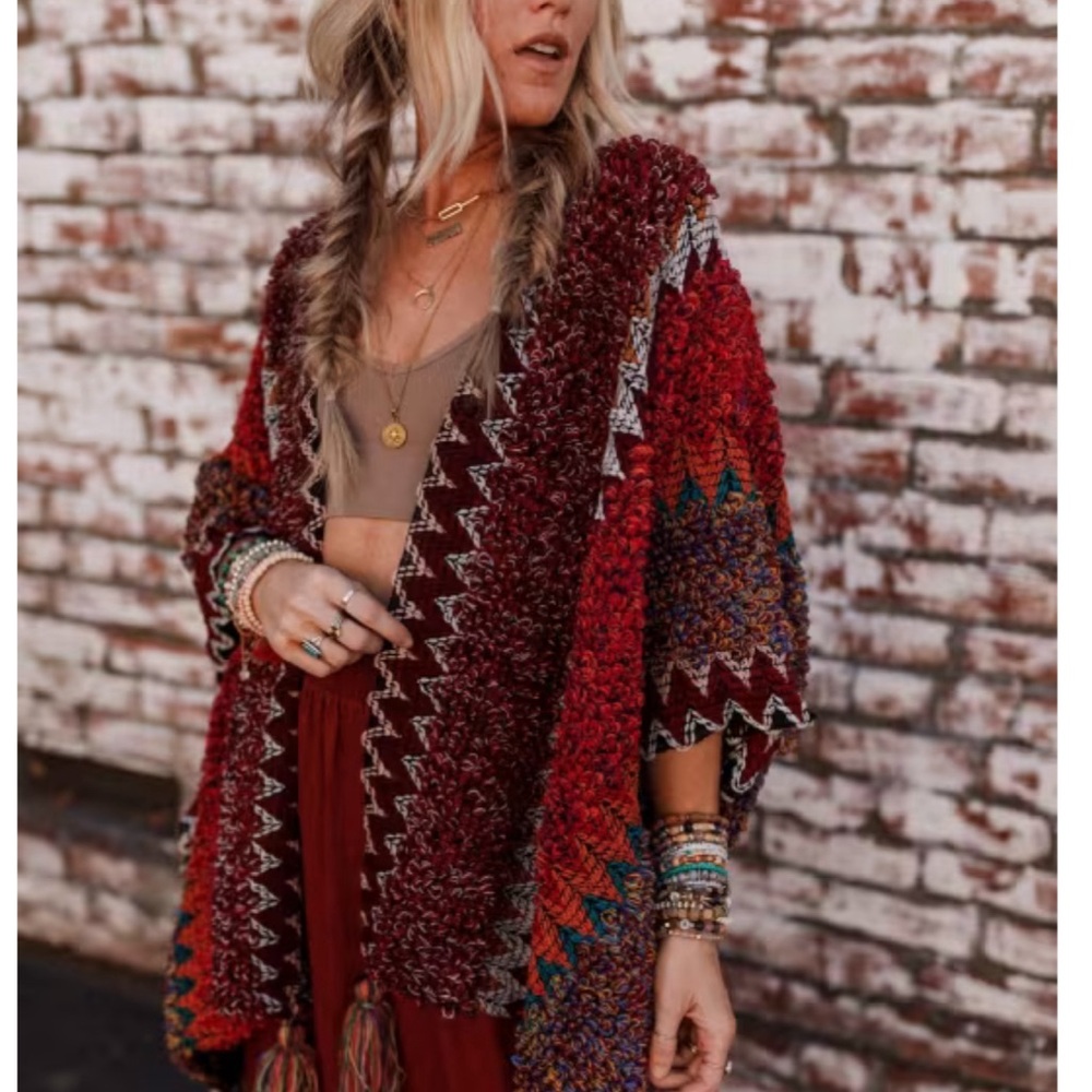 New Bohemian Crochet Ruana Knit Tasseled Cardigan Sweater Duster Wrap Blanket